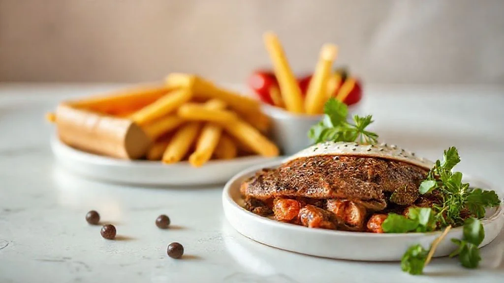 A close-up, high-contrast shot of an exquisitely plated, vibrant gourmet dish (e.g., pan-seared scallops with saffron risotto and microgreens), illuminated by soft, directional light against a subtly blurred, dark background. The focus is on texture, color, and perfect presentation. This image conveys immediate luxury, precision, and the brand's commitment to culinary artistry, setting an elevated expectation for the culinary journey ahead.